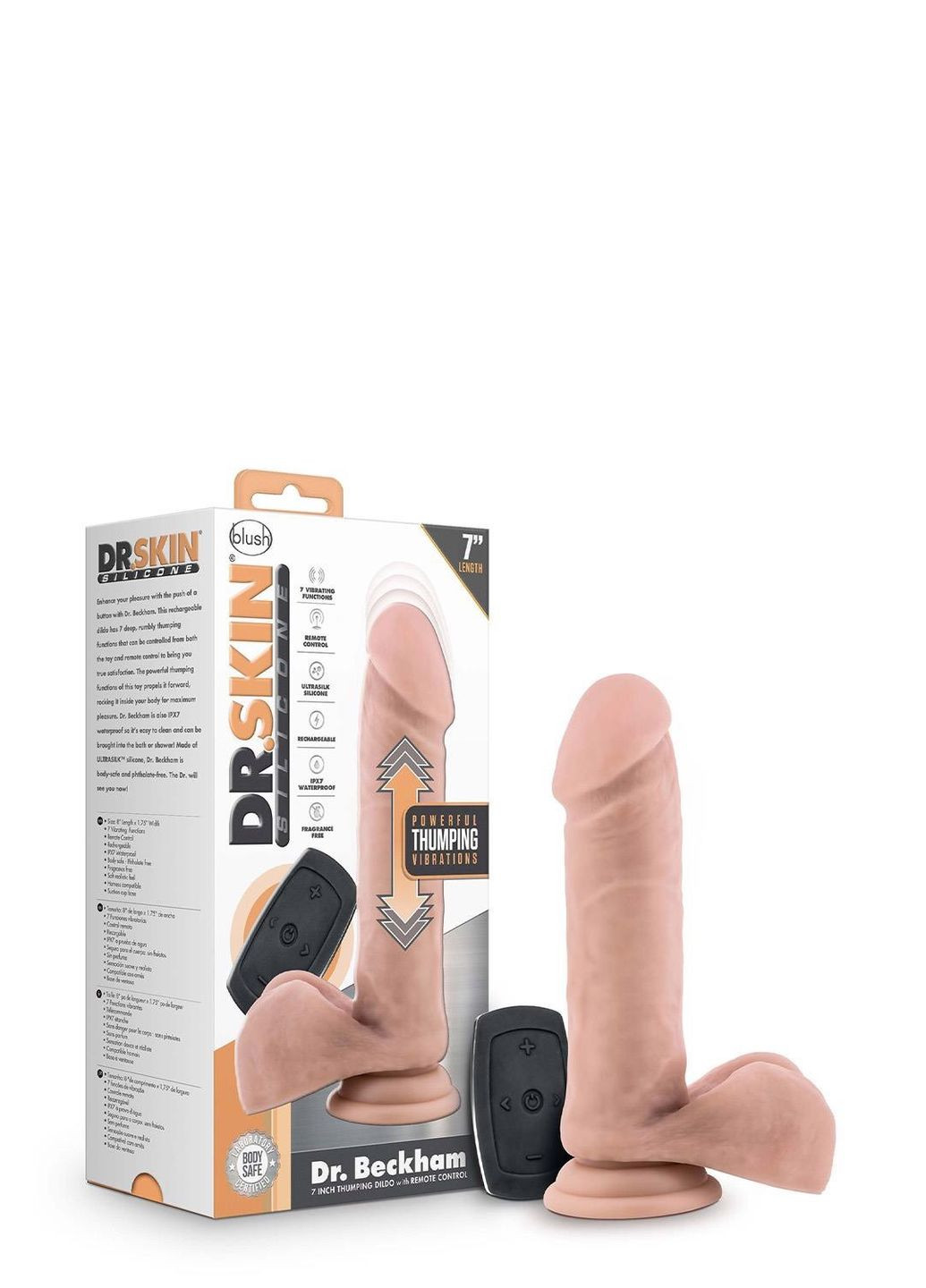 Вібратор реалістичний із мошонкою на присосці Dr. Skin Dr Beckham, з пультом, бежевий Blush (298576204)
