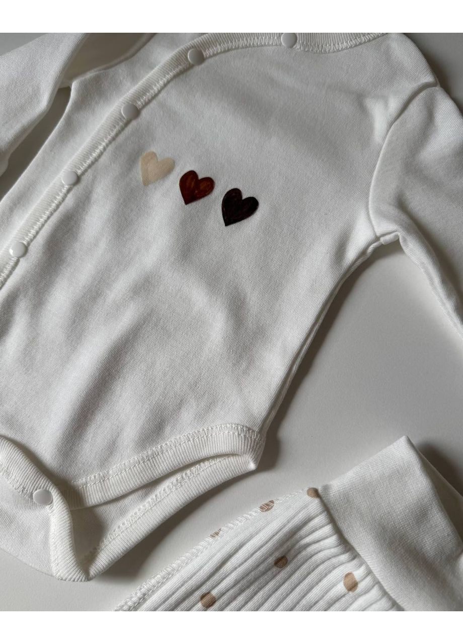 Молочний демісезонний набір боді, повзунята та шапочка-вузлик інтерлок Flamingo