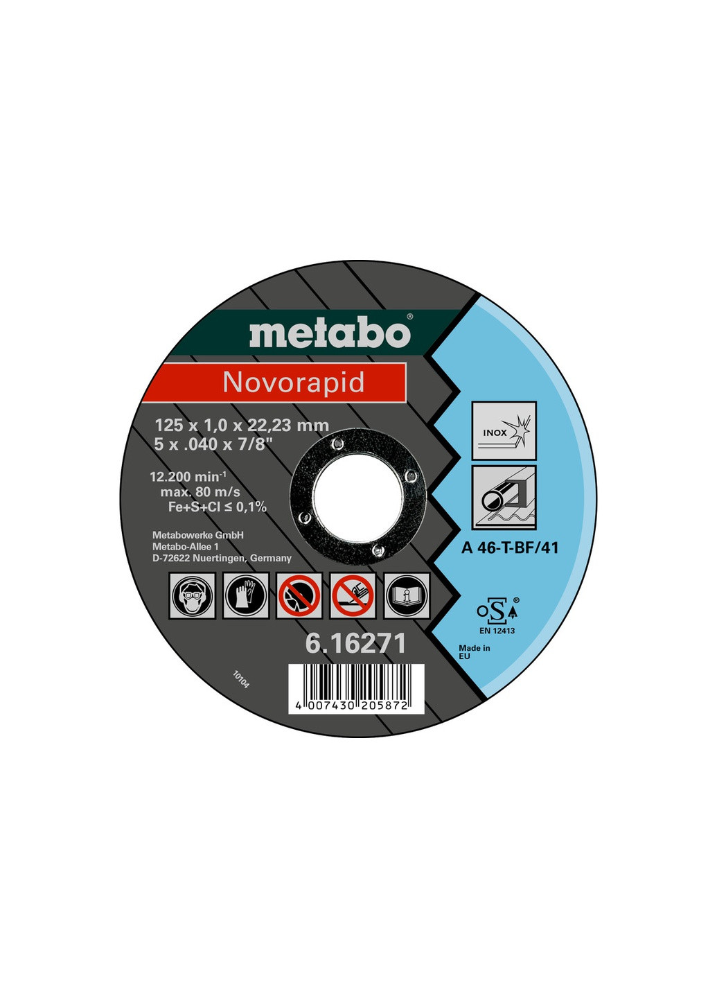 Відрізний диск Novorapid Inox 125x1x22,23 мм, по нержавіючій сталі, A 46T 616271000 (8387) Metabo (267819275)