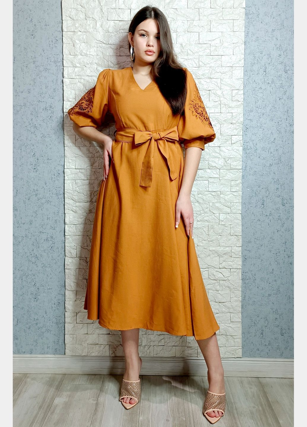 Горчичное повседневный, кэжуал платье а-силуэт Lara однотонное