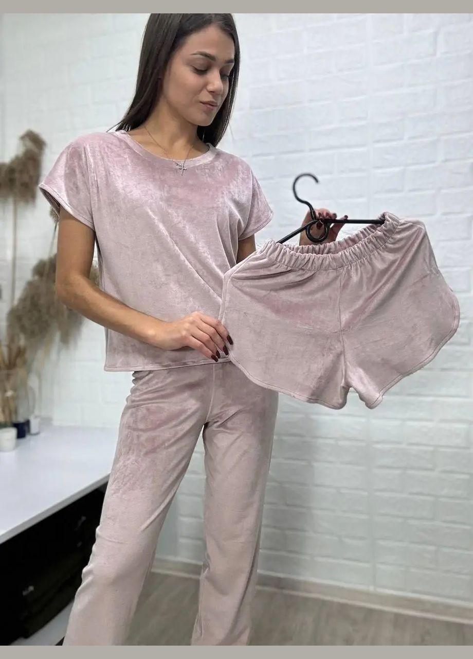 Пудровая всесезон женская пижама тройка (футболка, шорты, брюки) велюр на х/б основе (плюш) в цвете пудра No Brand