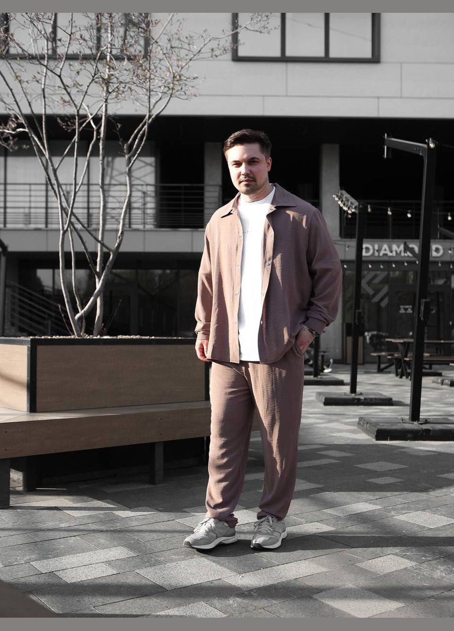 Темно-бежевый летний костюм: брюки и рубашка из легкого дышащего материала с рубашкой, брючный Україна