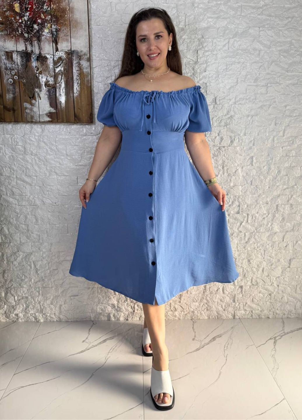 Синя повсякденний вишукана легка літня повсякденна міді сукня на гудзиках з короткими рукавами ліхтарик Україна однотонна