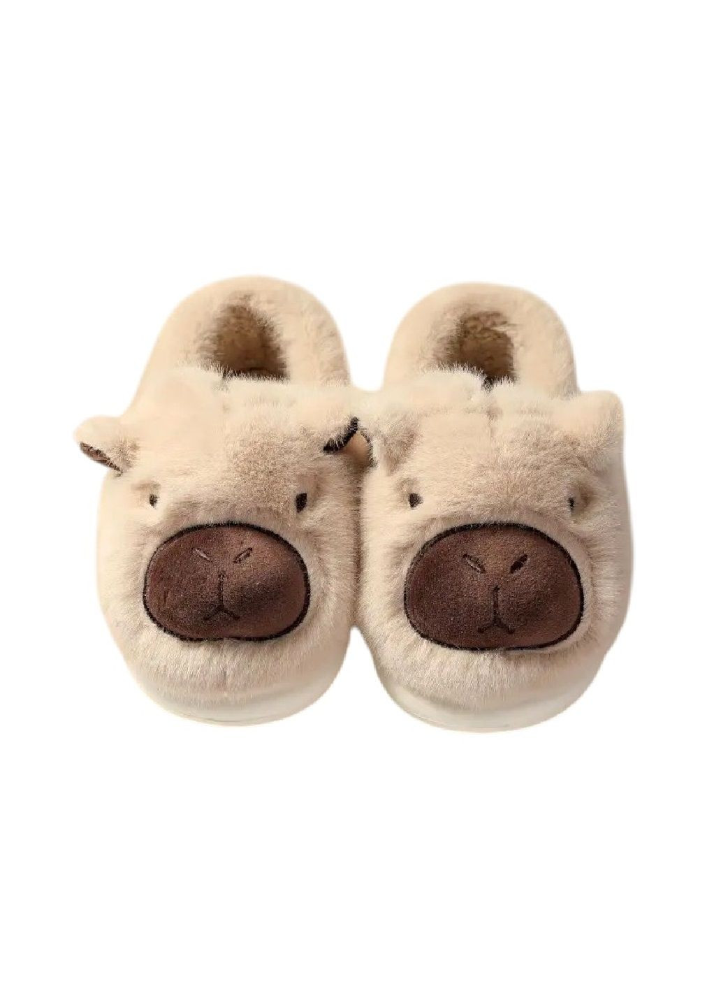 Бежевые домашние плюшевые тапочки с объемной мордочкой ушками для детей девочек женщин (481335-prob) капибара бежевые размер 38-39 Unbranded с ушками, с вышивкой