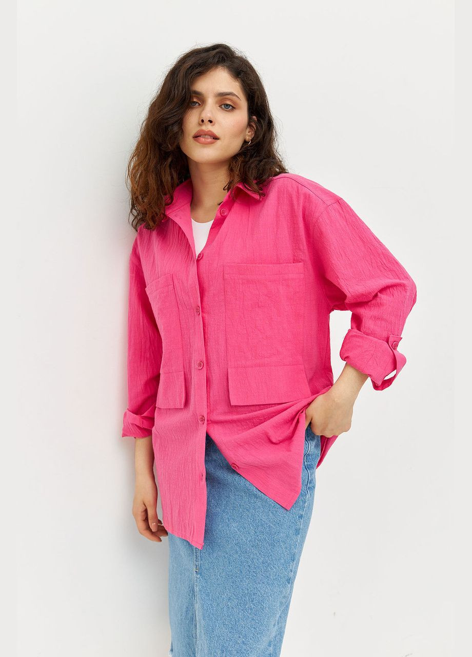 Рожева демісезонна сорочка жіноча базова з жатого льону малинова mkrm4095-20 Modna KAZKA