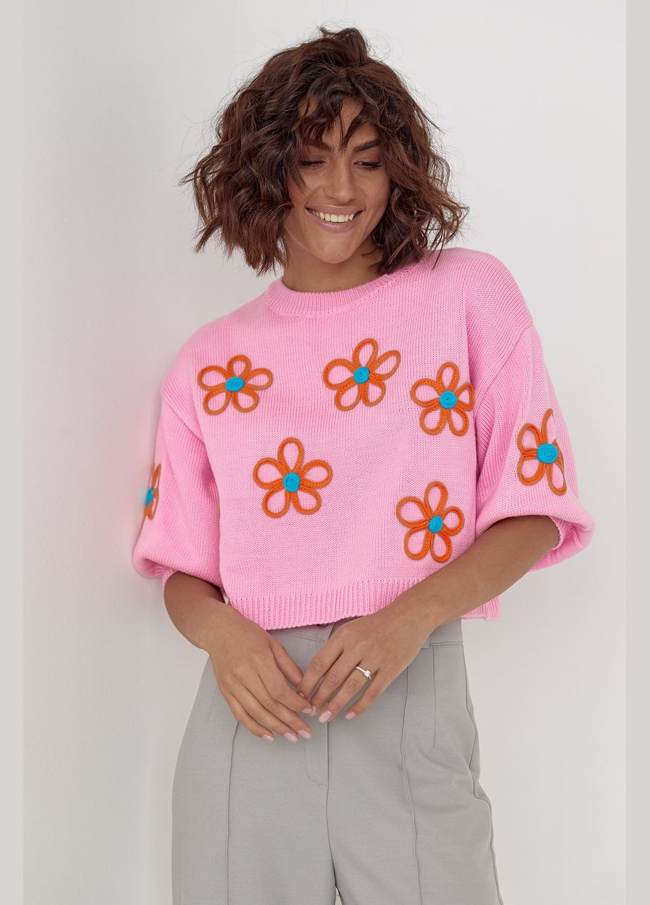 Рожевий демісезонний жіночий укорочений джемпер соковитою аплікацією - рожевий Lurex
