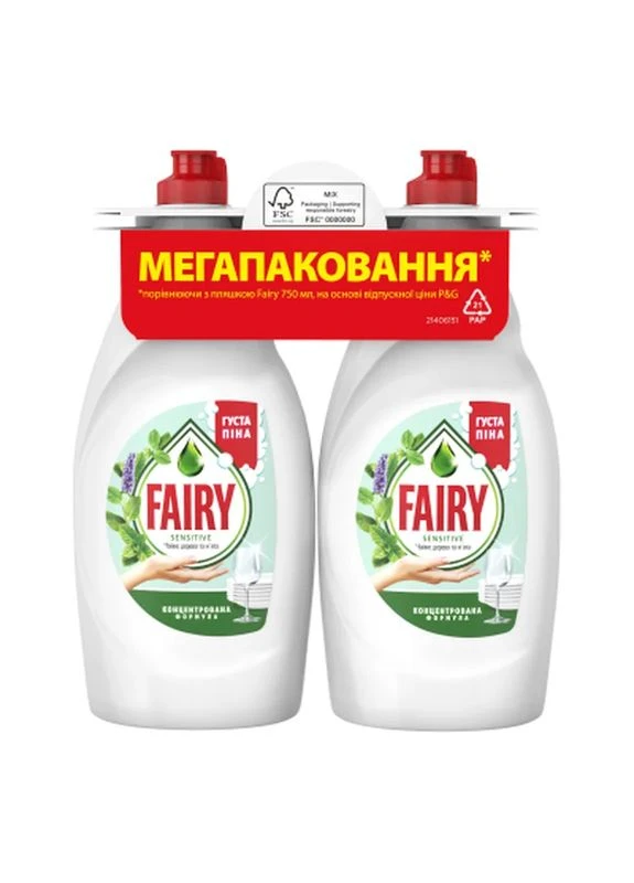 Засіб для ручного миття посуду Sensitive Чайне дерево і м'ята 2 х 750 мл (8006530224956) Fairy (399652447)