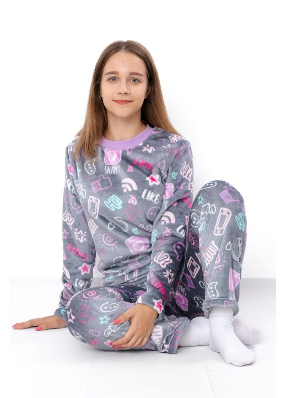 Серая зимняя пижама для девочки-подростка махровая (кофта и брюки) с принтом (p-8409) Носи своє