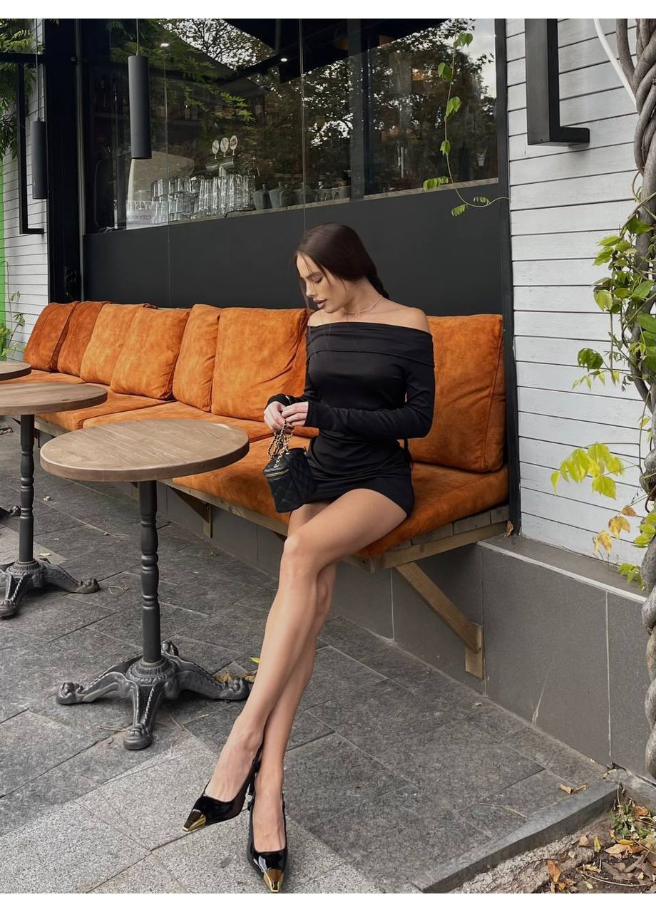 Черное вечернее платье с подворотом из плотного микродайвинга — замер в описании Vione однотонное