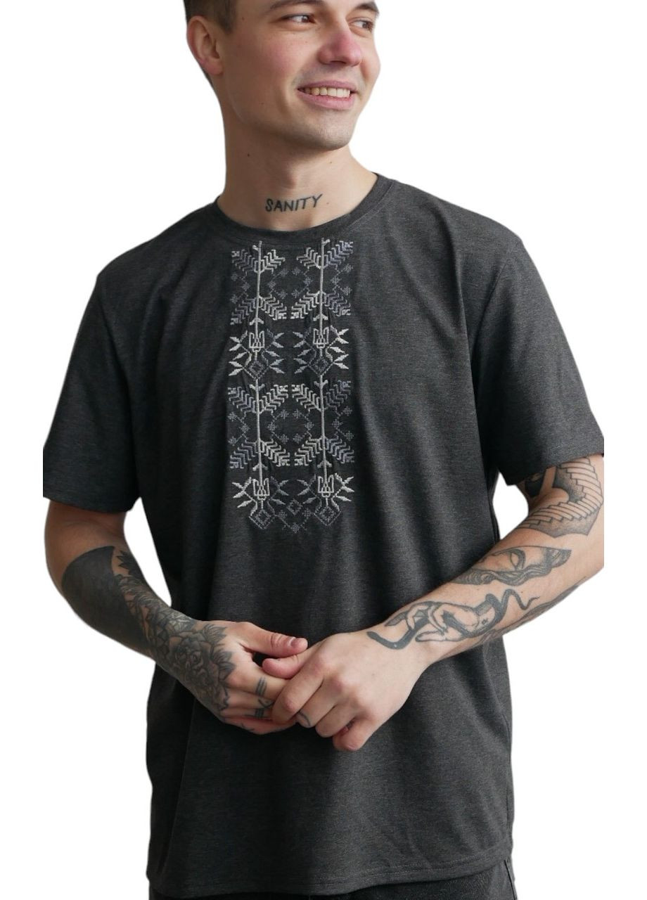 Сіра футболка love self кулір антрацит вишивка соняшник р. 2xl (52) з коротким рукавом 4PROFI