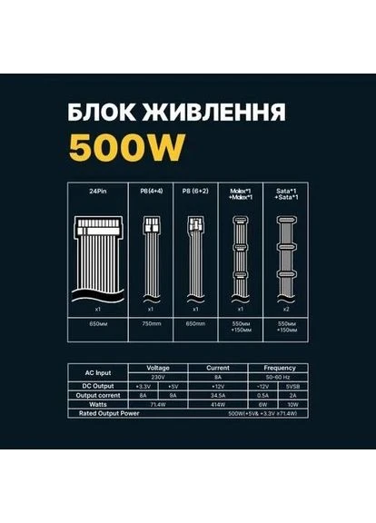 Блок живлення 500 Вт, Gaming Star, Black, 120 мм, 2xMolex / 4xSATA / 2x6+2-pin / 1x4+4-pin / 1x20+4-pin, захист SCP / OCP / OVP GTL (395348155)