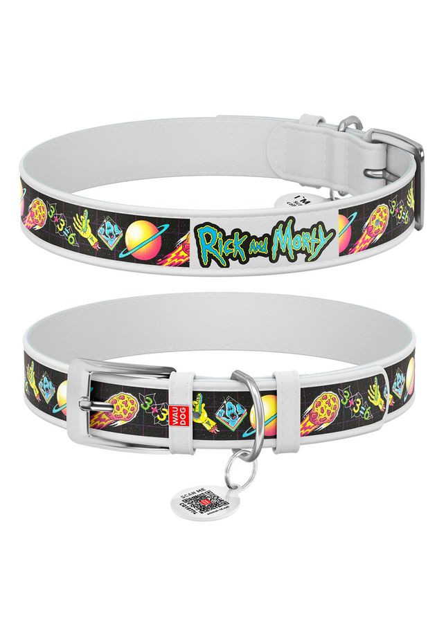 Нашийник для собак шкіряний WAUDOG Design з QR паспортом, малюнок "Рік та Морті 3", M, Ш 20 мм, Д 29-38 см, білий Collar (363198804)