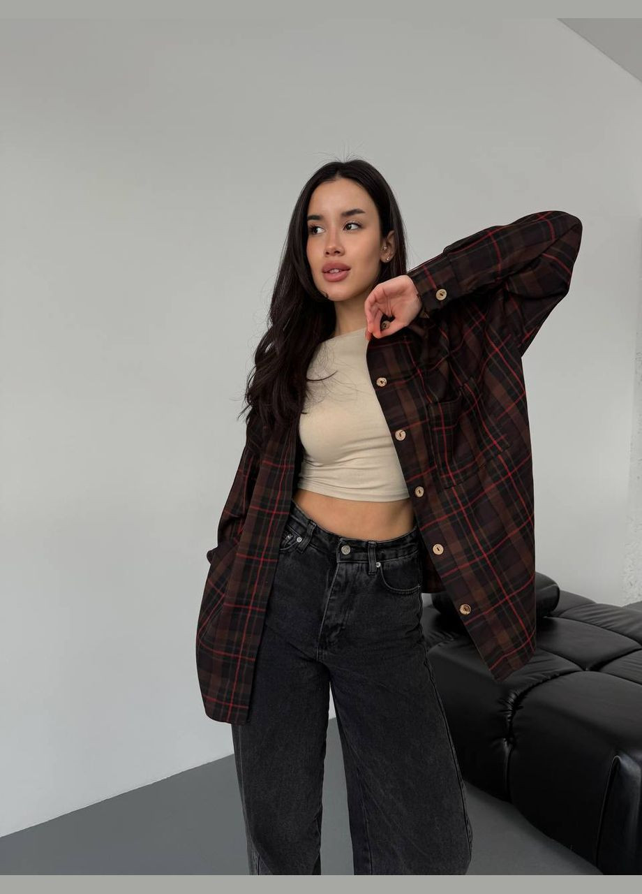 Коричневая повседневный рубашка в клетку Гермес с длинным рукавом