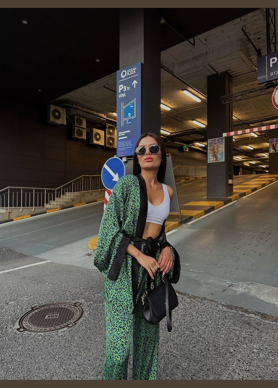 Жіночий костюм двійка: кімоно на запах та брюки зі штучного шовку MonCher (334676369)