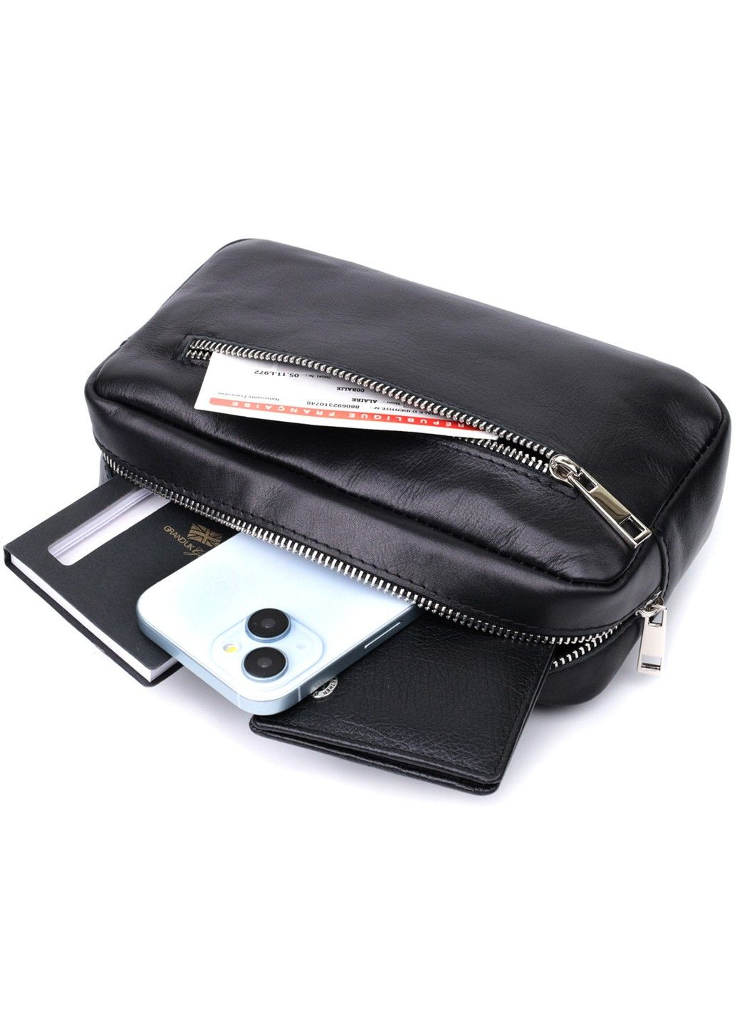 Прямоугольная сумка-бананка для мужчин из натуральной глянцевой кожи 22825 Черная Shvigel (313102107)