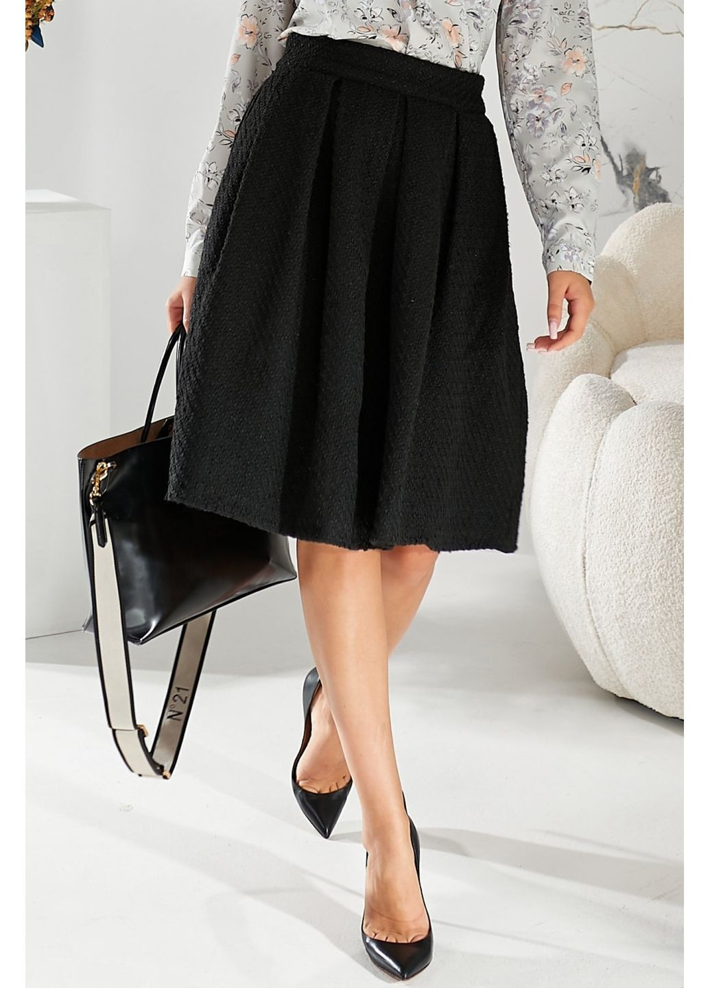 Черная повседневная женская пышная юбка из твида (ll72660090) LadyLike