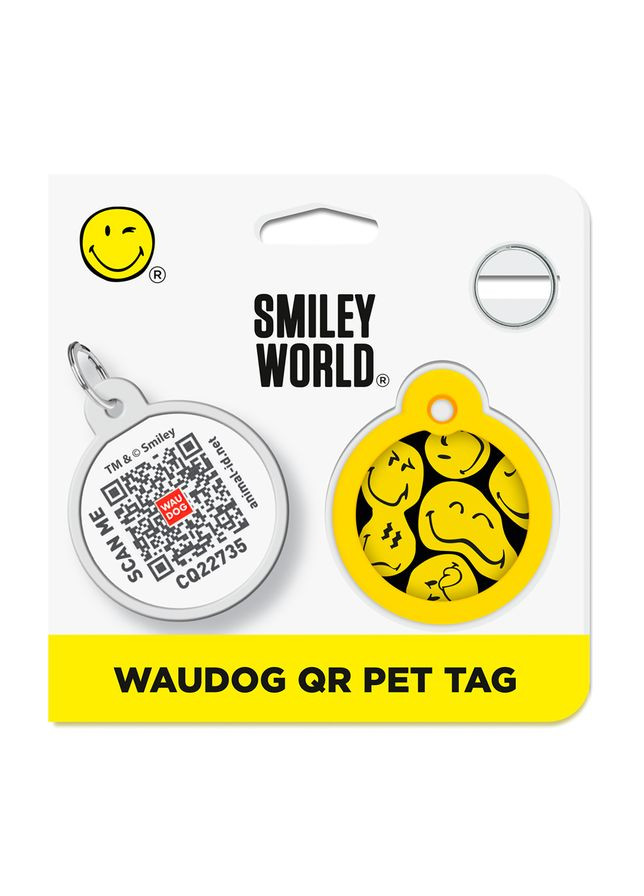 Адресник для собак і котів металевий Smart ID c QR паспортом, малюнок «Смайли на чорному», коло, Д 30 мм WAUDOG (330245329)