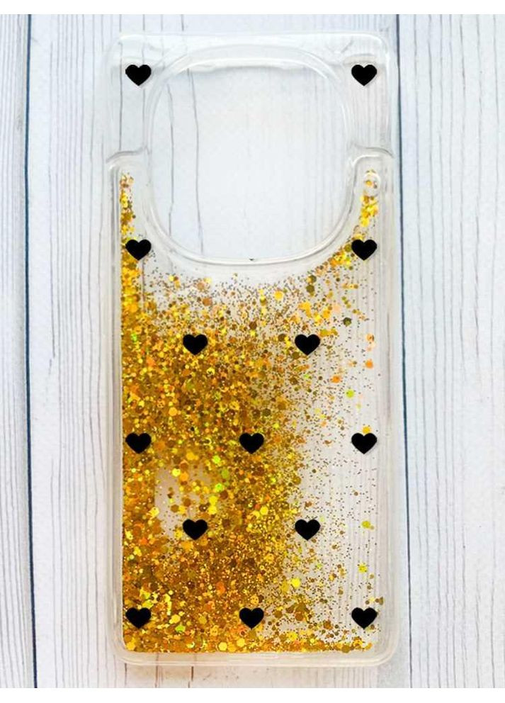 Чохол з плаваючими золотими блискітками на Xiaomi Redmi Note 14 Pro 4G Сердечка чорні (принт 402) Creative (363967290)