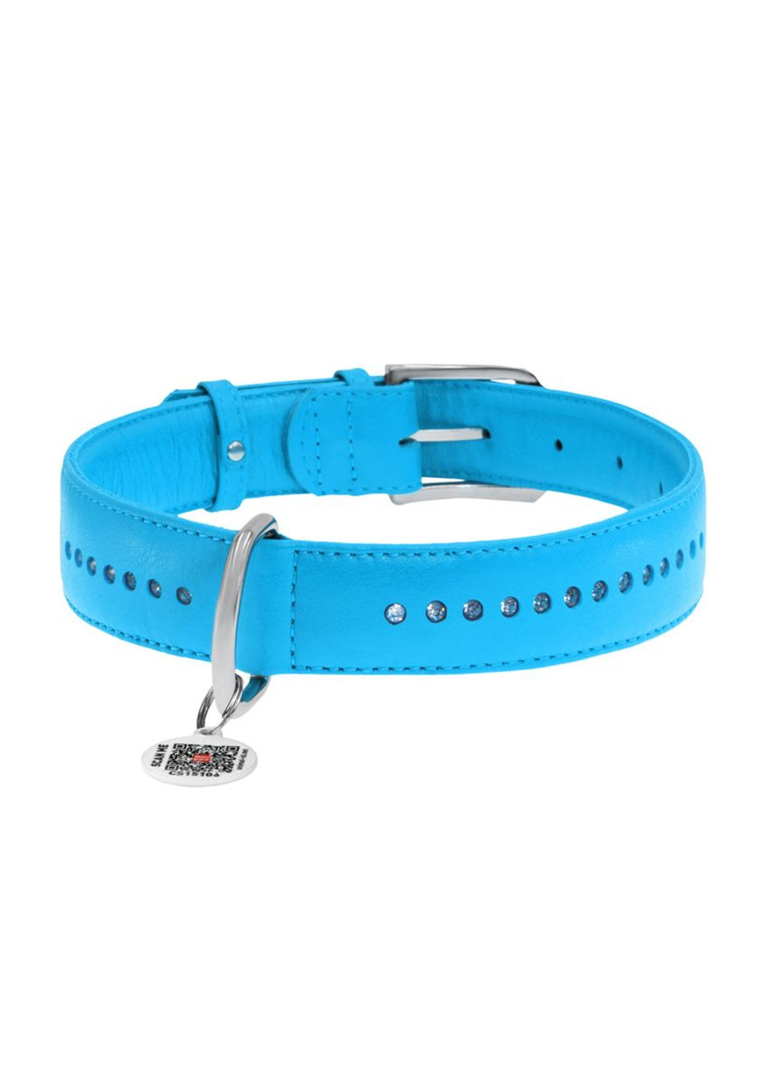 Нашийник для собак шкіряний Glamour подвійний зі стразами Ш 15 мм Д 27-36 см Блакитний WAUDOG (322328341)