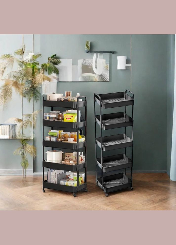 Полиця на колесах пластикова 5 ярусів Підлоговий візок для кухні, ванної кімнати Етажерка на колесиках Чорний колір No Brand (337990881)