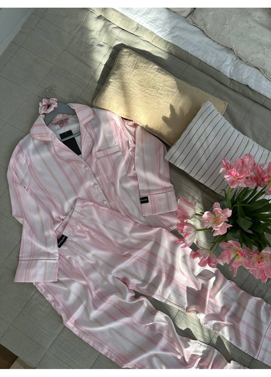 Рожева всесезон жіноча піжама | рожева у смужку сорочка + брюки Vital-Textile 1267