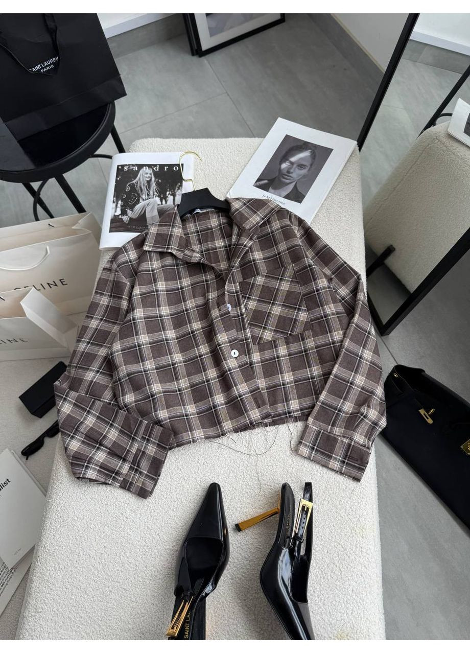 Коричневая повседневный рубашка в клетку DK/DL Мода без кордонів с длинным рукавом