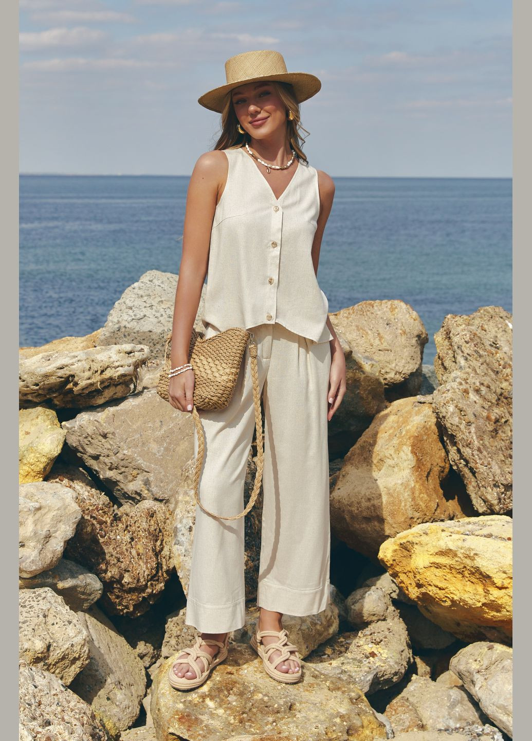 Штани жіночі укорочені з високою посадкою літні з кишенями та резинкою на поясі вільного крою ST-Seventeen (333337545)