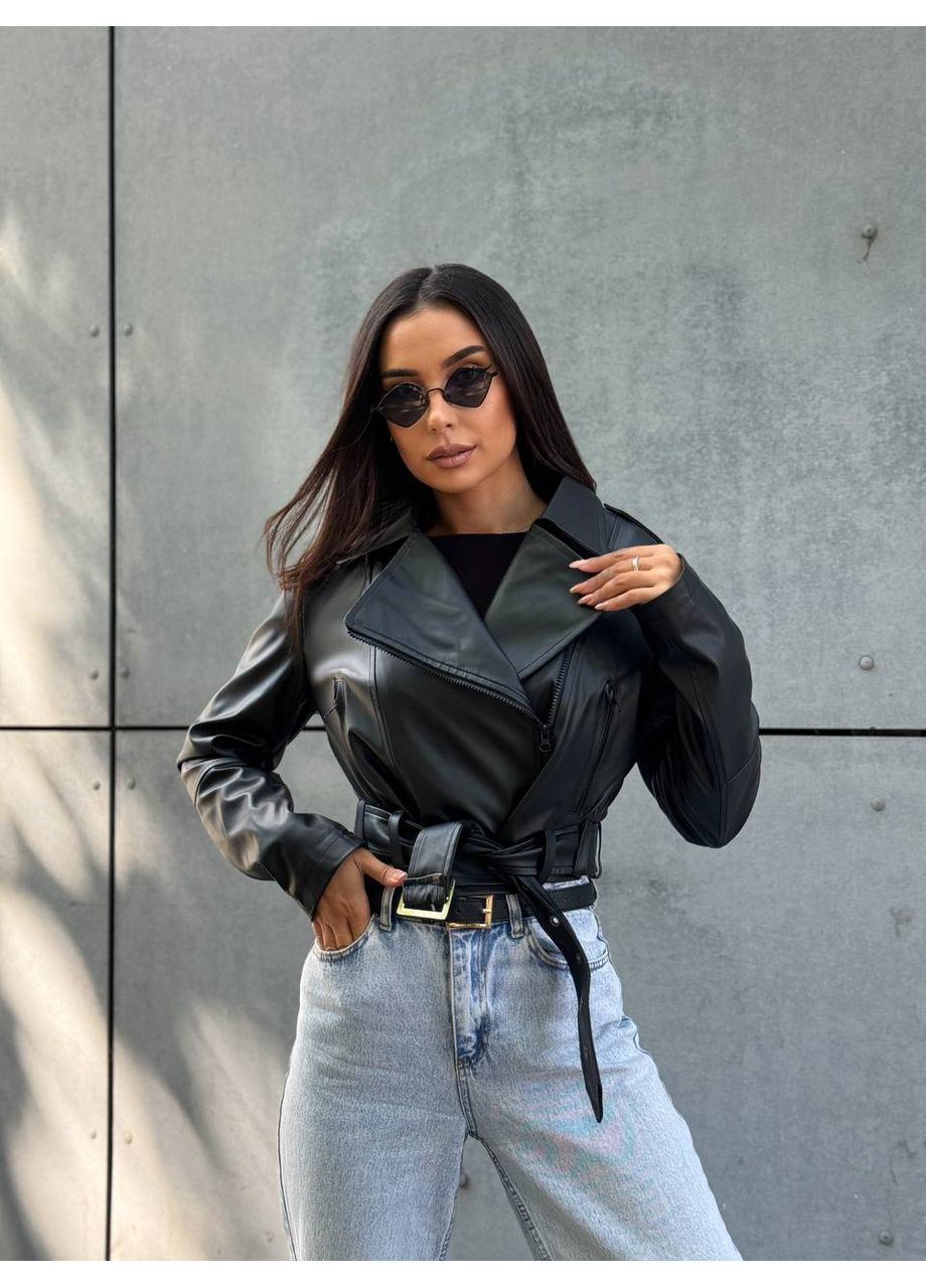 Чорна демісезонна куртка-косуха жіноча з екошкіри чорна 00298 No Brand