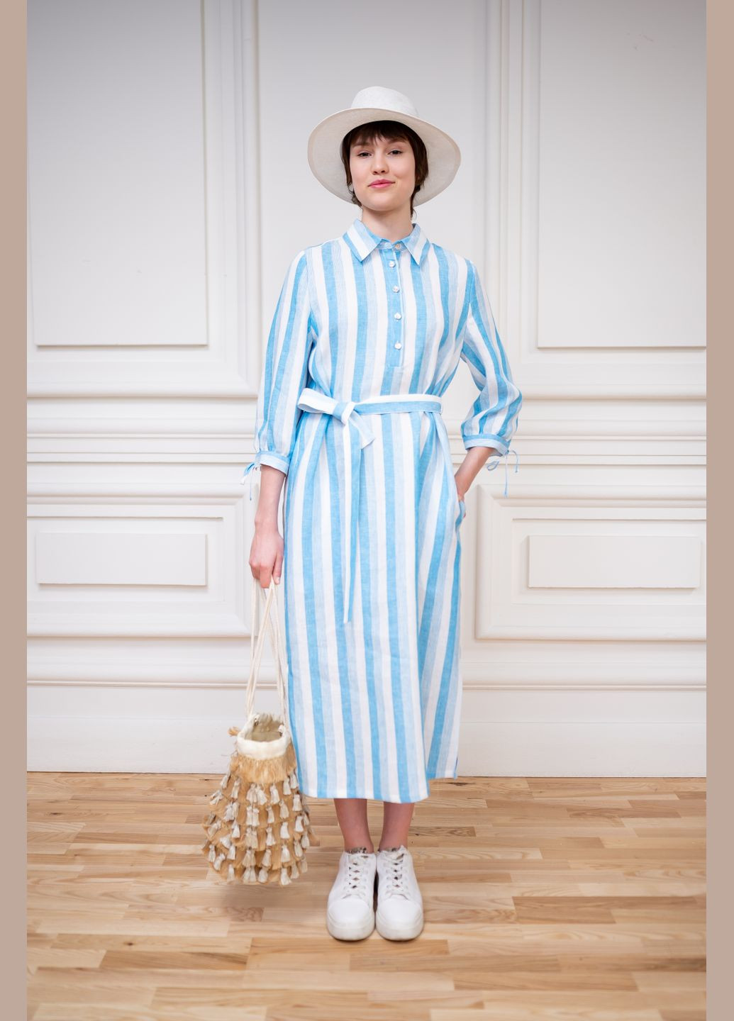 Голубое льняное платье в голубую полоску в морском стиле гвен Dolcedonna