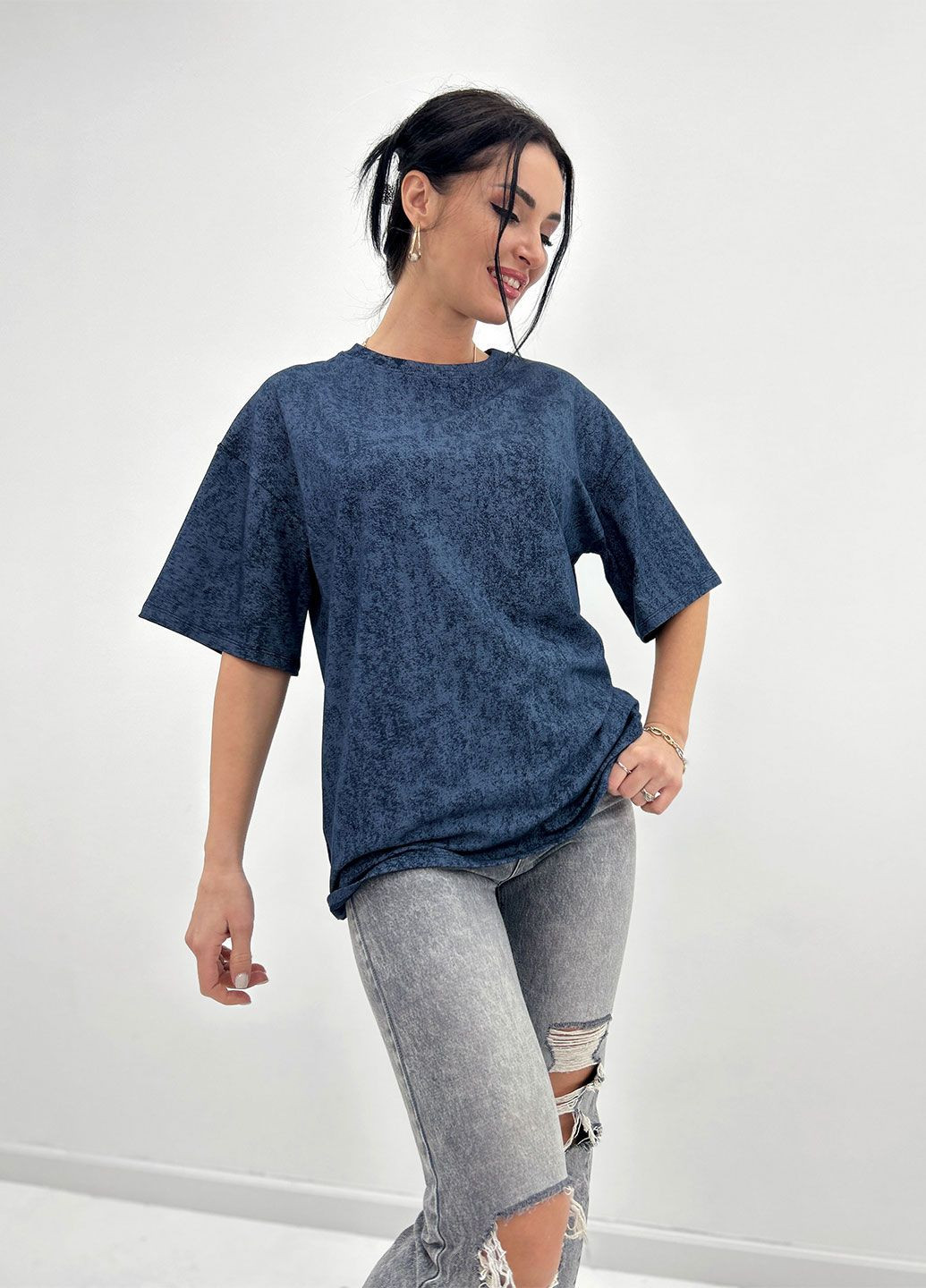 Темно-синя базова футболка тай-дай з коротким рукавом Fashion Girl Simple