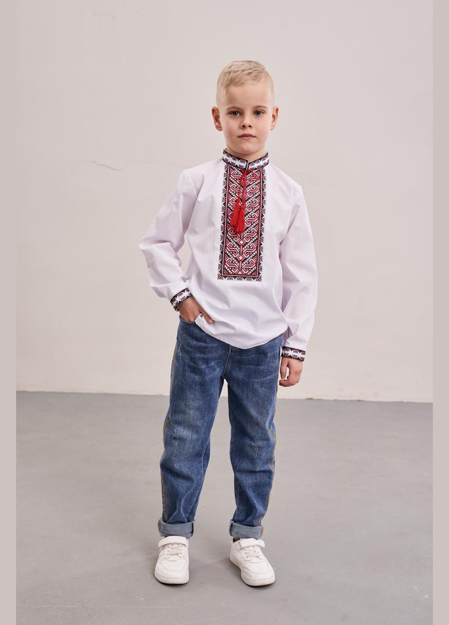 Белая вышиванка для мальчика "орнамент" бязь, красный орнамент MEREZHKA узор орнамент бязь (302494679)