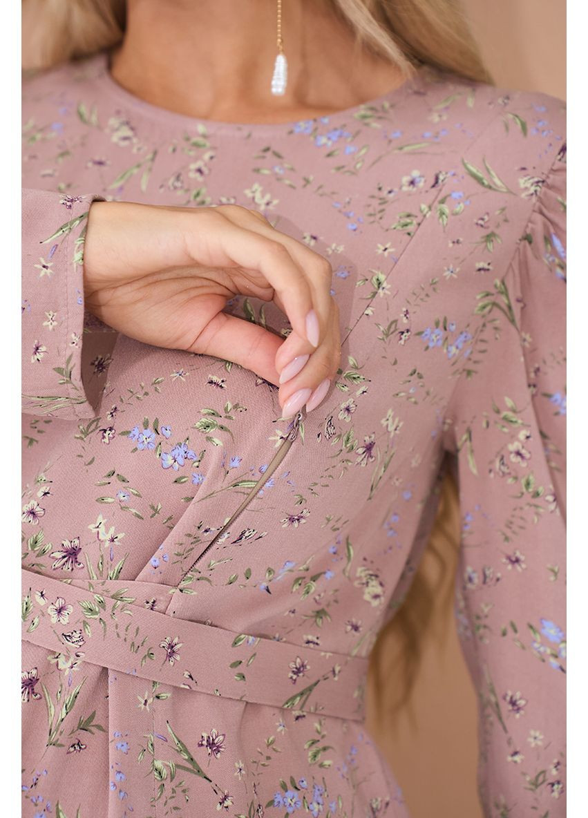 Пудровое нарядное платье миди для беременных и кормящих пудровое с цветочным принтом Юла мама с цветочным принтом