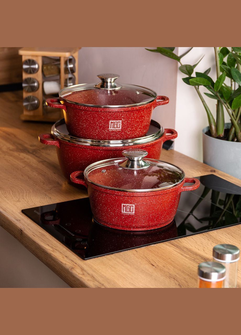 Набор кастрюль алюминиевых 2/3/4 л с мраморным покрытием, красный MGC (332211661)