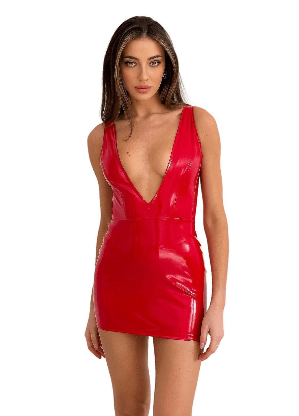 Комбинированный демисезонный лакированное платье с сексуальным декольте «лучевидная эмилия»,, красное D&A