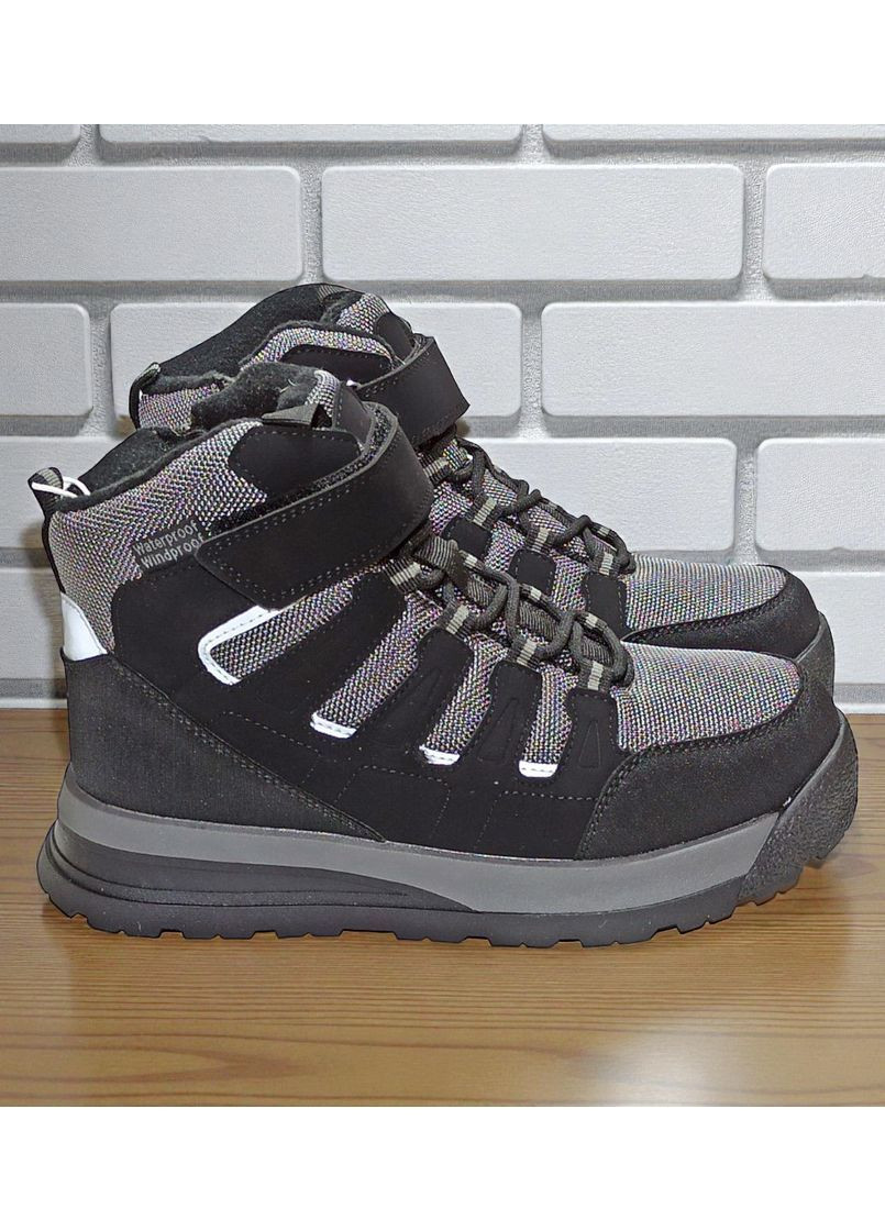 Серые подростковые зимние дутики на овчине для мальчика, термоботинки на овчине для мальчика, зимние ботинки для подростка Biki на липучке