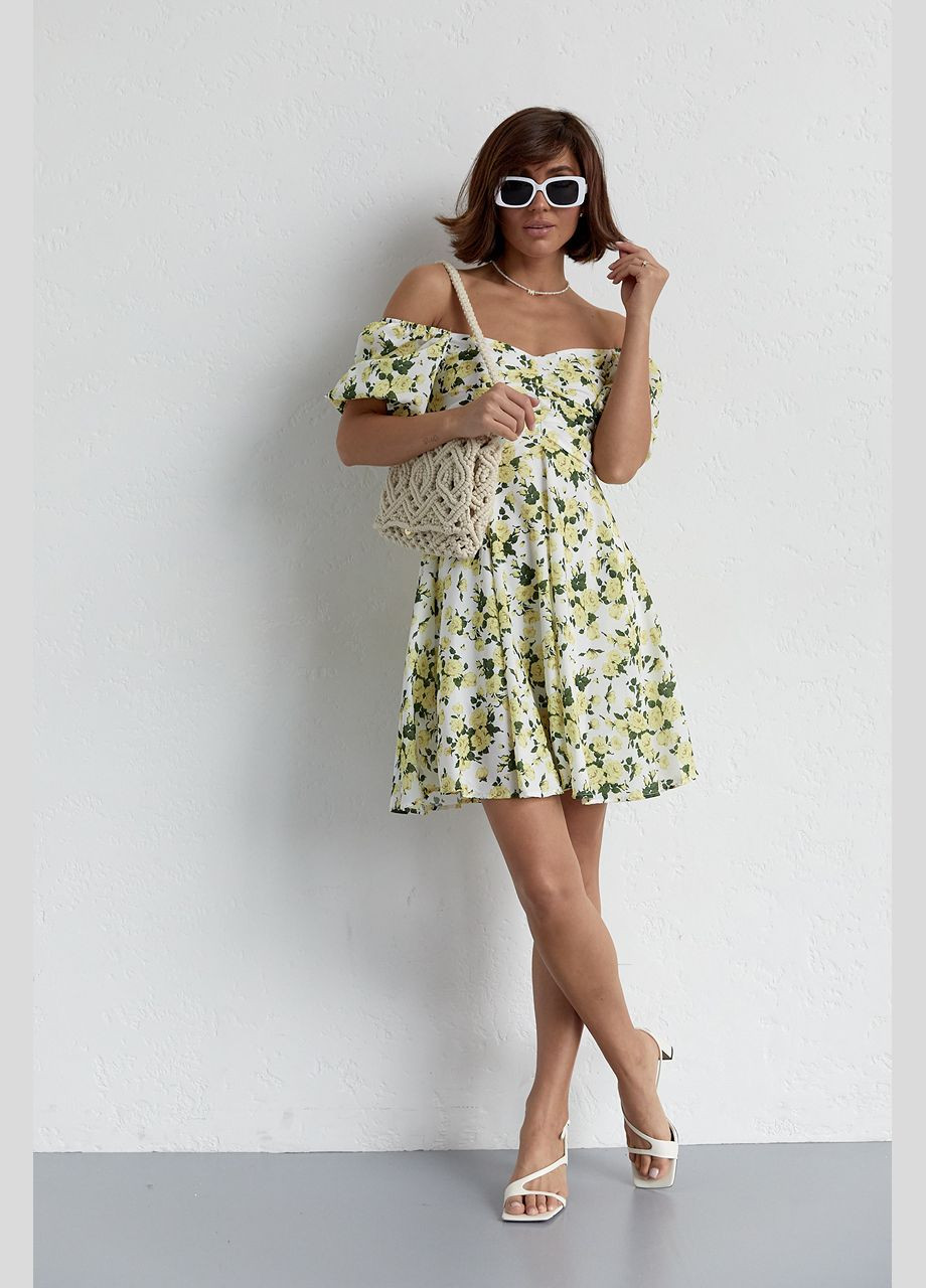 Желтое повседневный летнее платье мини с драпировкой спереди 23128 Lurex с цветочным принтом