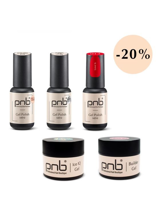 Набір стартовий гель лаків "Super Kit" 5 в 1, база, топ, колір червоний, гель, що зміцнює PNB (302389044)