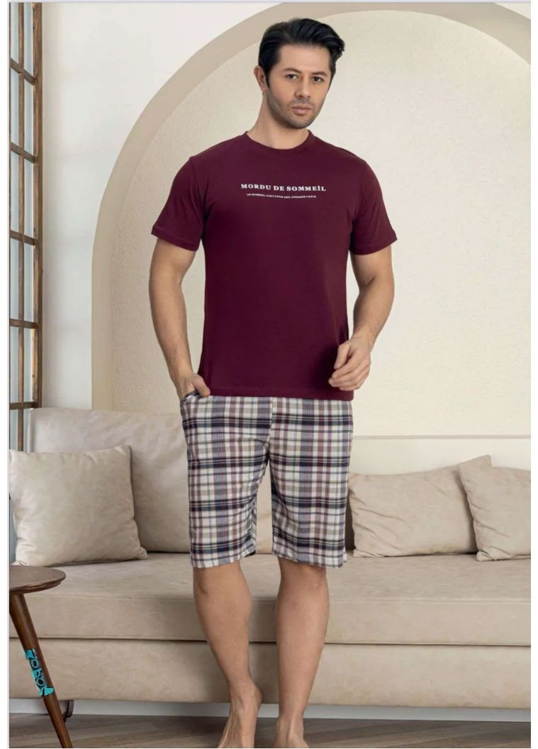 Мужская хлопковая пижама "SOMMEIL" футболка и шорты в клетку бордовый Mirano (370769269)