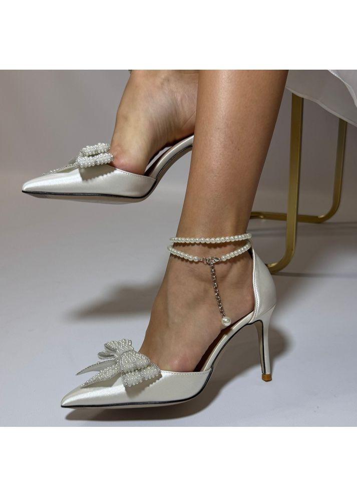 No Brand Жіночі туфлі весільні атласні та ремінцем перли та брошкою 7,5 см білий з текстиль, — (351394573)