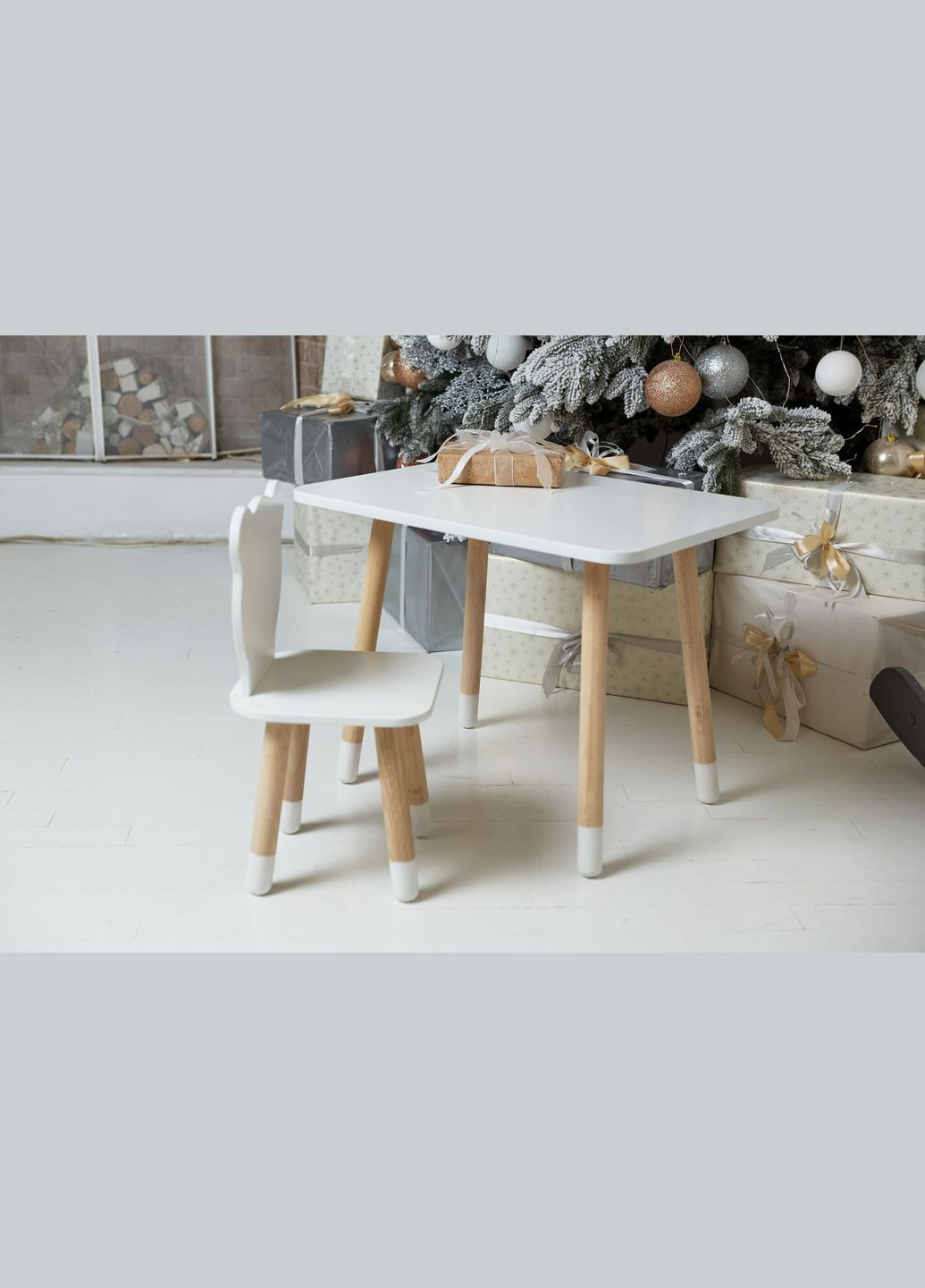 Комплект дитячий прямокутний стіл і стільчик білий медведик. Столик для ігор, уроків, їжі. Білий столик No Brand (323223318)