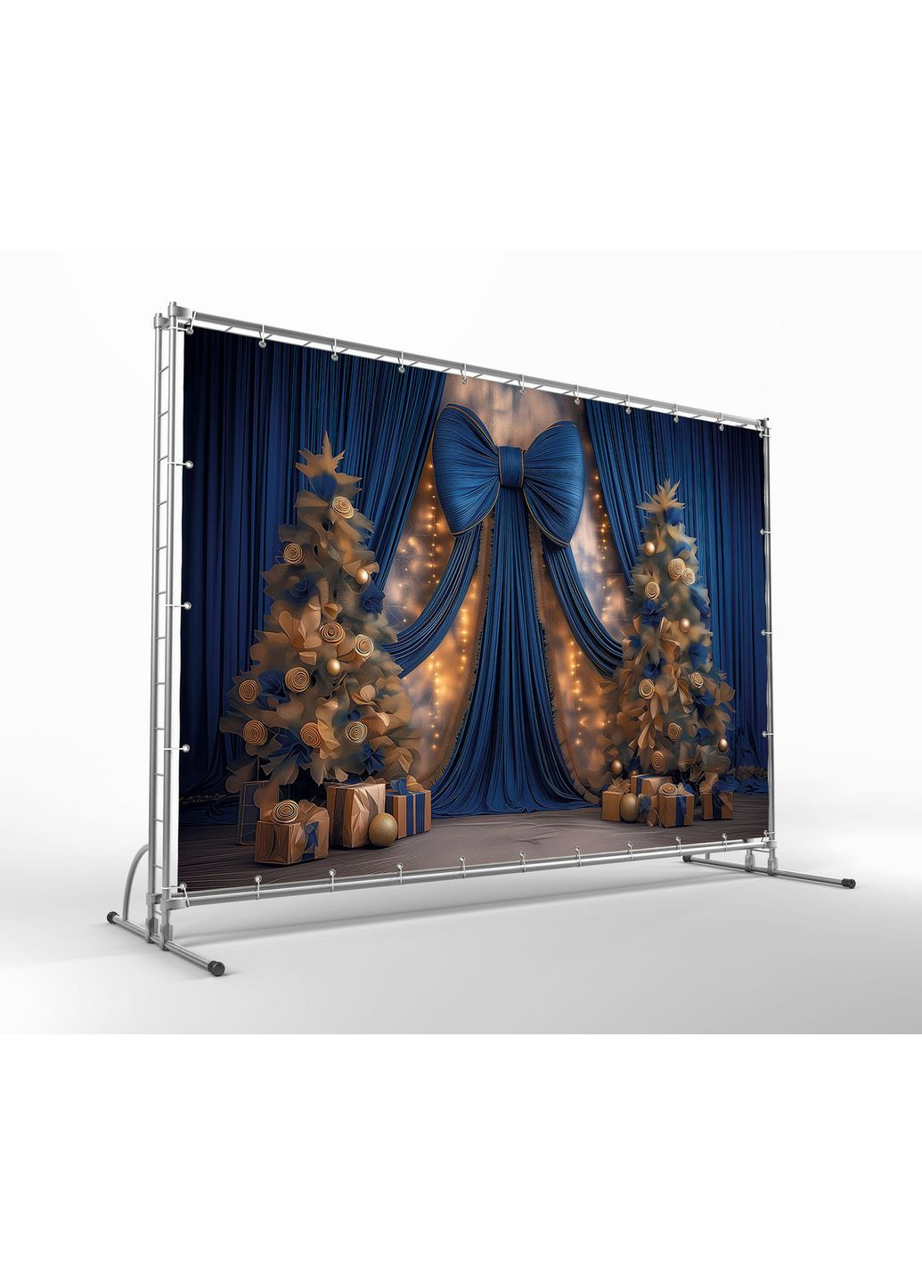 Фотозона на Новий рік Синій фон з білими ялинками та бантом – №46509 Vinylpex (369930161)