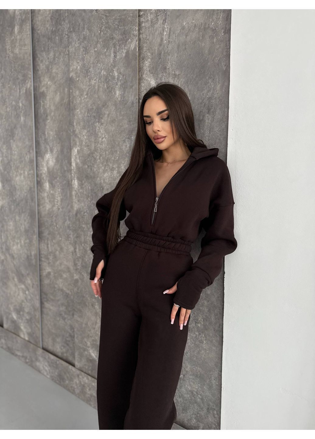 Женский комбинезон No Brand комбинезон-брюки однотонный коричневый повседневный, кэжуал трехнитка, флис