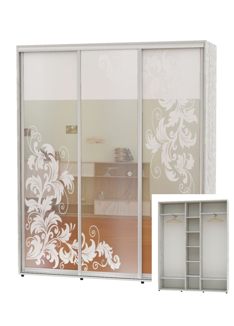 Шкаф-купе трехдверный 200*45*230 Сосна Натти Зеркало с пескоструйным рисунком ШК-04 Алекса (360457387)