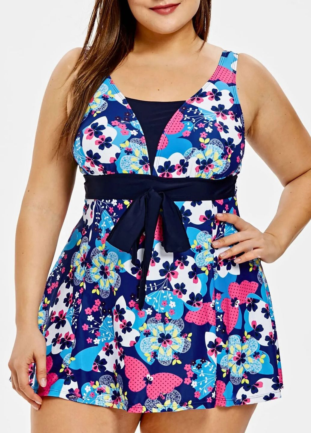 Синій літній жіночий суцільний купальник plus size floral print (8375) FS