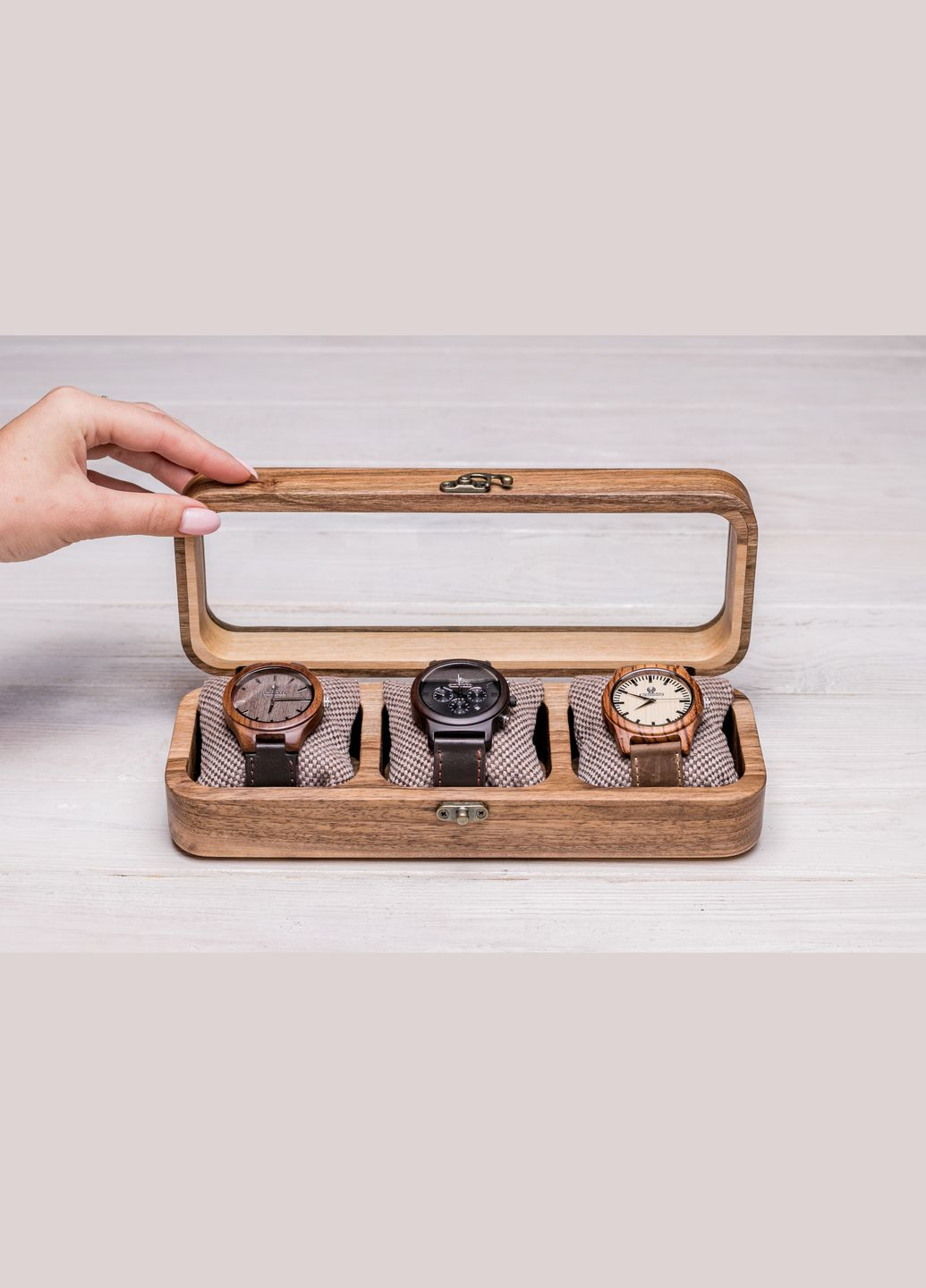 Цільна скринька для трьох годинників зі скляною кришкою EcoWalnut (295291912)