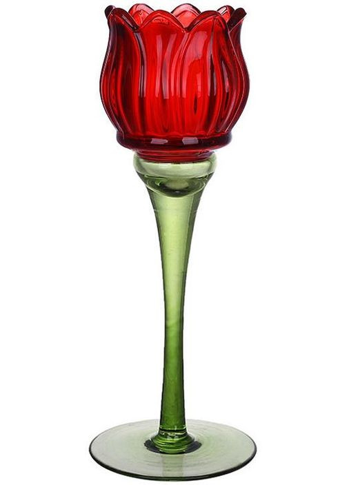 Скляний свічник Червоний Тюльпан 8 см висота 27 см декоративний світильник для будинку інтер'єрний елемент BonaDi (368982063)