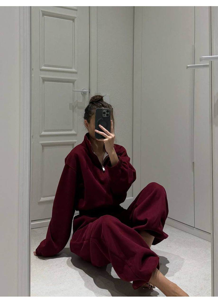 Женский теплый комбинезон FINO Mode комбинезон-брюки бордовый спортивный, повседневный, кэжуал трехнитка, флис