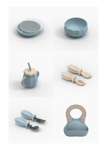 Набор силиконовой детской посуды для прикорма на присосках из пищевого силикона Кактус с обучающими ложками голубой Cheeks (350315139)