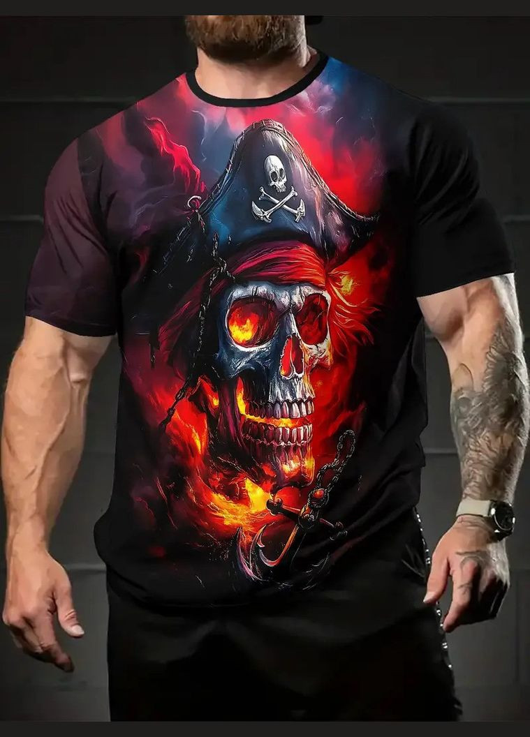 Комбинированная футболка мужская 3d принт череп капитана пиратов в огне термо дышащая летняя xl 54 No Brand
