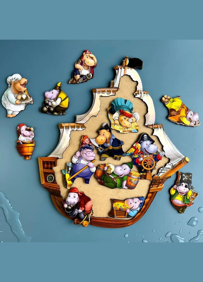 Дерев'яний пазл-вкладиш "Бегемотики-пірати" (ПСД083) PSD083, 13 бегемотиків Ubumblebees (302010168)